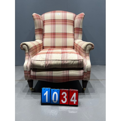 1034 - Tartan upholstered wing back chair