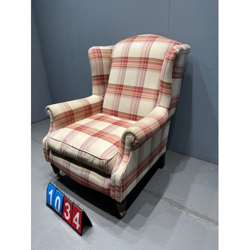 1034 - Tartan upholstered wing back chair