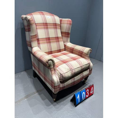 1034 - Tartan upholstered wing back chair