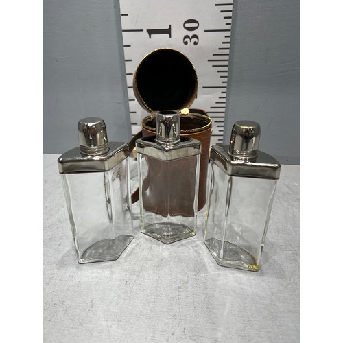 3 - Leather 3 section glass bottled flasks