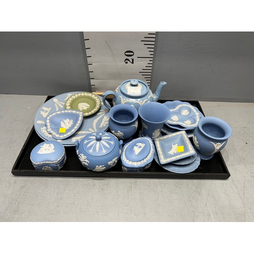 9 - Quantity blue Wedgwood trinket boxes, vases etc