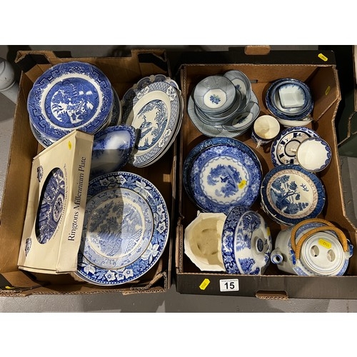 15 - 2 Boxes blue/white pottery