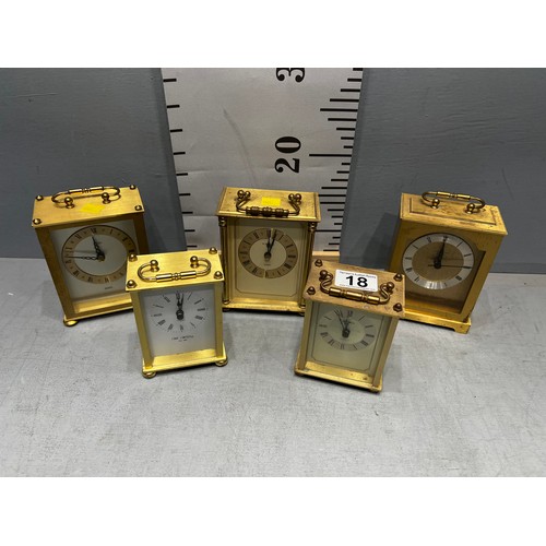 18 - 5 Brass carriage clocks