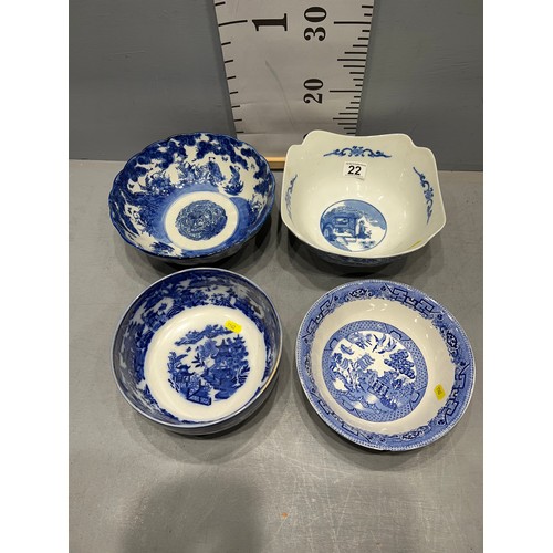 22 - 4 Blue white oriental etc bowls