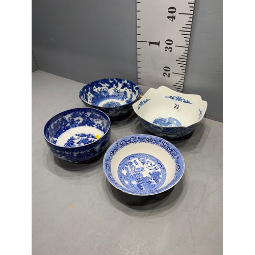 22 - 4 Blue white oriental etc bowls