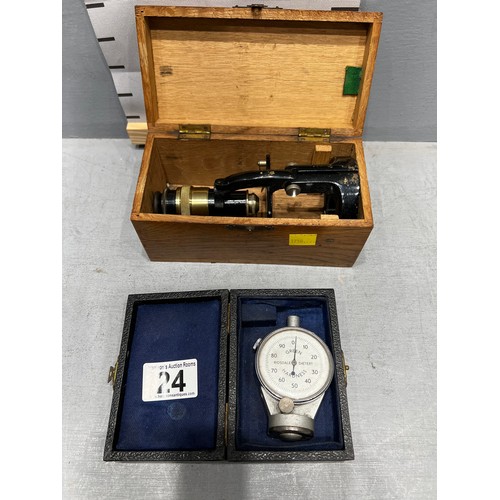 24 - Small vintage microscope in box + hardness gauge in box