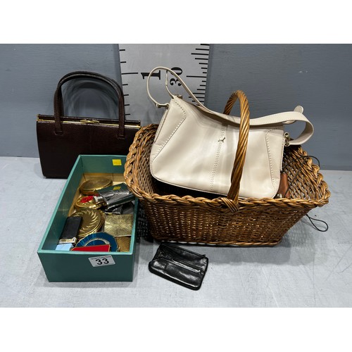 33 - Wicker shopping basket + bags + box compacts etc