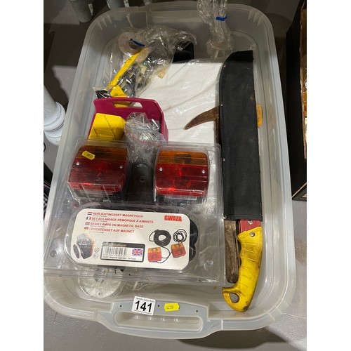 141 - Box misc inc brand new rear lights, tools etc