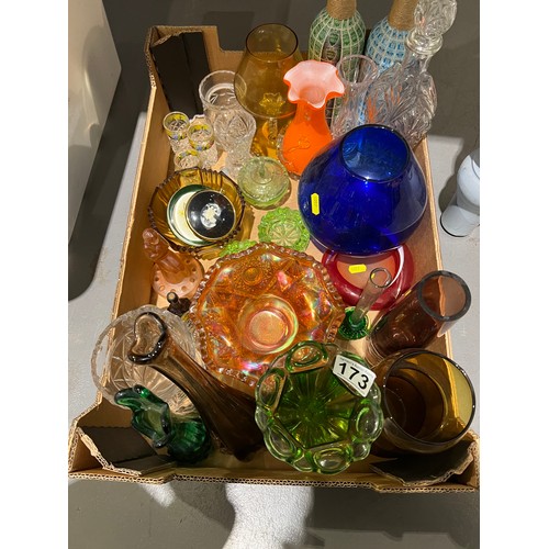 173 - Box coloured glassware, Bristol blue, carnival, green glass etc