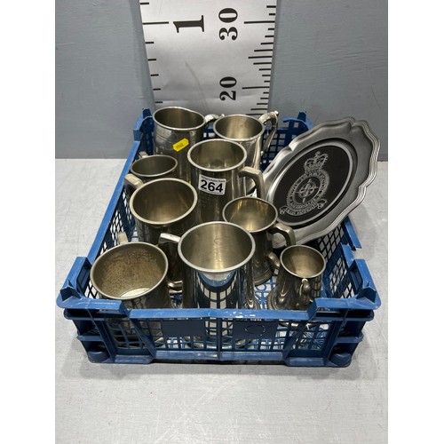 264 - Box pewter etc tankards & plaque