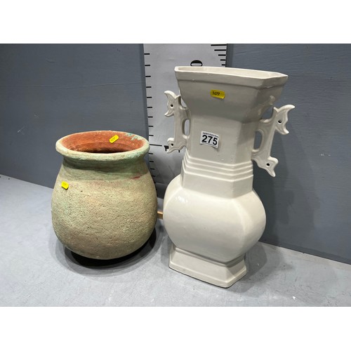 275 - Large white oriental style vase + large terracotta pot