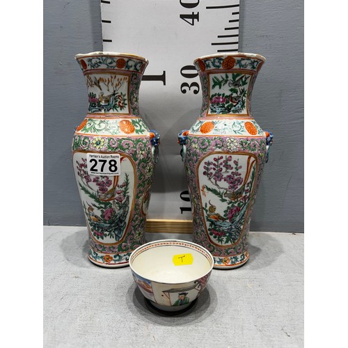 278 - Pair Chinese 'famille rose' vases A/F + Chinese bowl