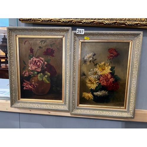 297 - Pair oil on canvas still frame flowers signed