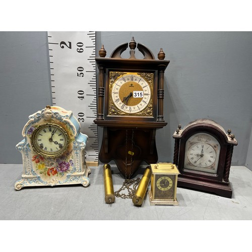 315 - Victorian clock + mantle + brass modern clock + wall clock double weight