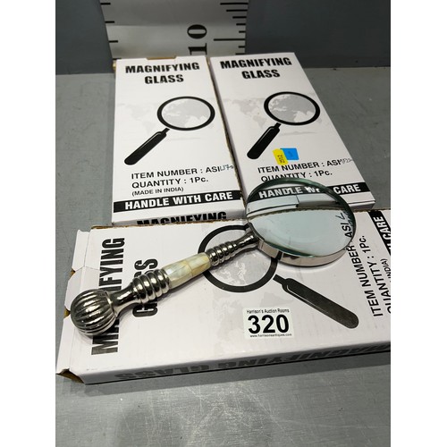 320 - 3 Hand held magnifying glasses all boxed