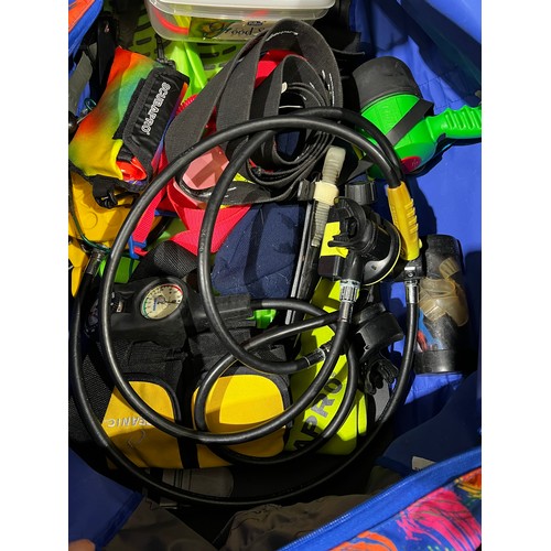 330 - 2 Bags scuba diving equipment wet suits snorkel & masks, fins weights, gloves etc