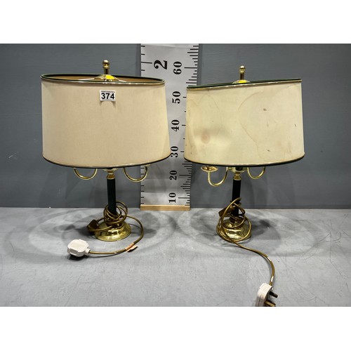 374 - 2 Brass table lamps & shades