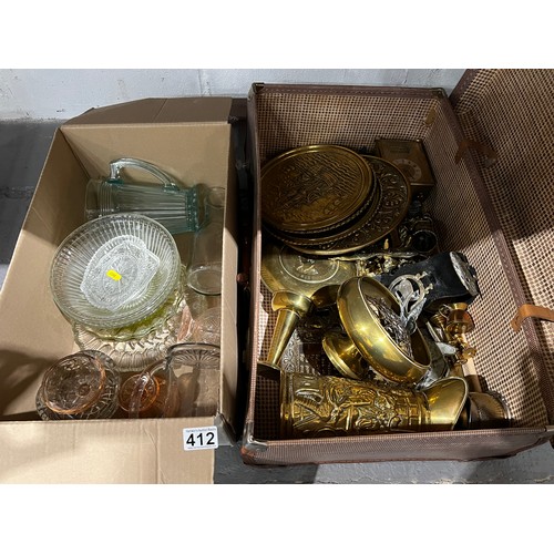 412 - Suitcase brass ware + box glassware