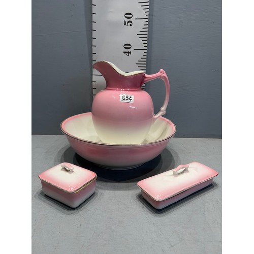 654 - Victorian pink & white toilet set jug/bowl lidded soap dish + lidded dish by petrus regout & co maas... 