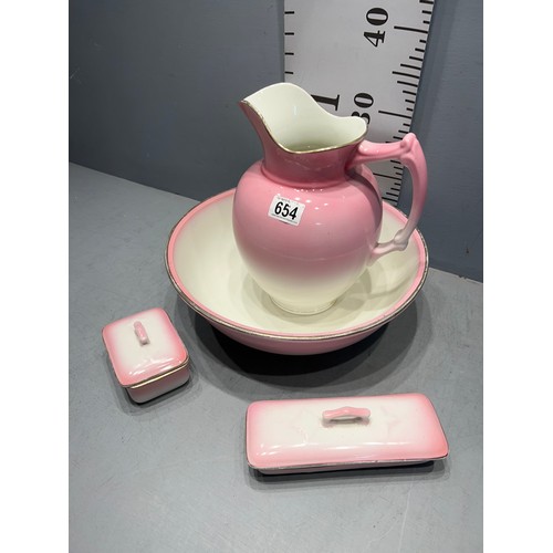 654 - Victorian pink & white toilet set jug/bowl lidded soap dish + lidded dish by petrus regout & co maas... 