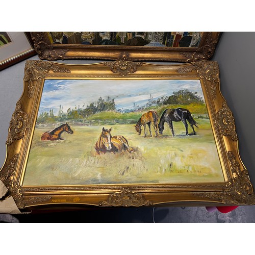 660 - 3 Horse racing pictures, one oil on canvas, one oil on board, 1 pastel by local artist