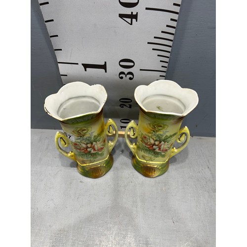 667 - Pair vintage hand painted vases having twin handles impressed on base 3058