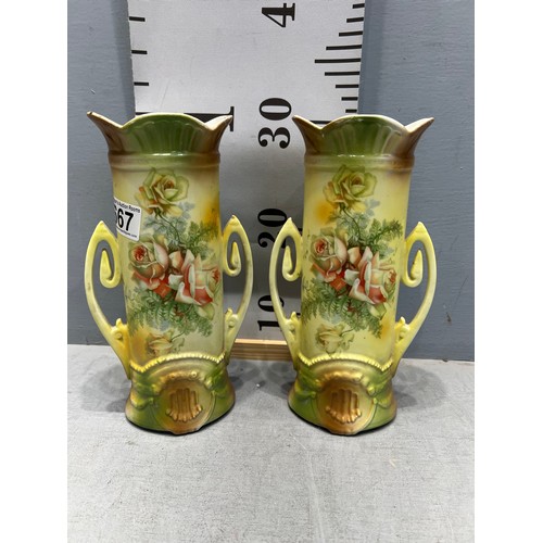 667 - Pair vintage hand painted vases having twin handles impressed on base 3058