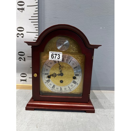 673 - Tempus fugit mantle clock with brass face + keys working