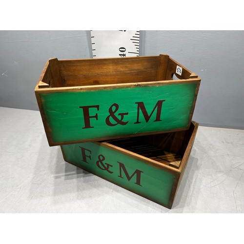 674 - Pair f&m wooden crates