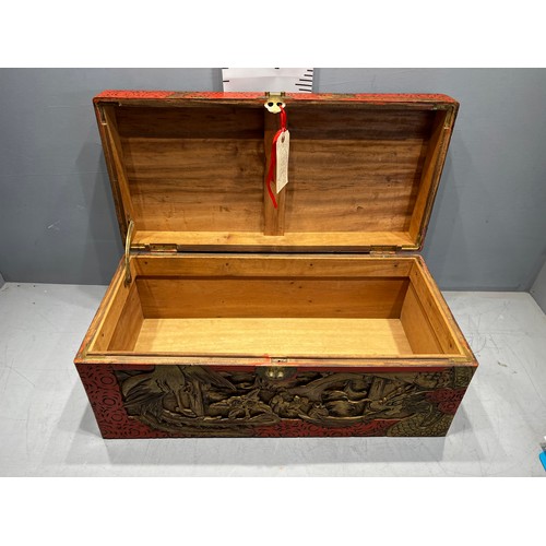 693 - Oriental red laquer camphor wood chest well carved