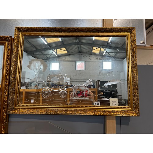 694 - Gilt framed etched glass wall mirror coach & horse