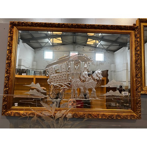 695 - Gilt framed etched glass wall mirror gypsy caravan & horses