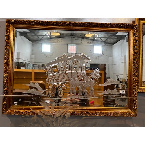 695 - Gilt framed etched glass wall mirror gypsy caravan & horses