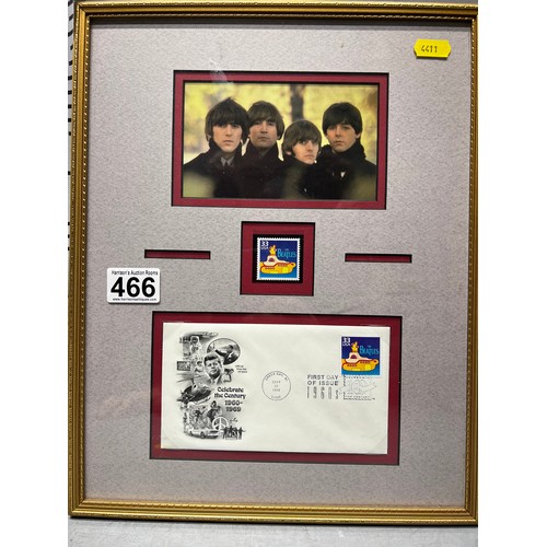 466 - Framed Beatles picture + 1st day Beatles cover & stamp yellow submarine