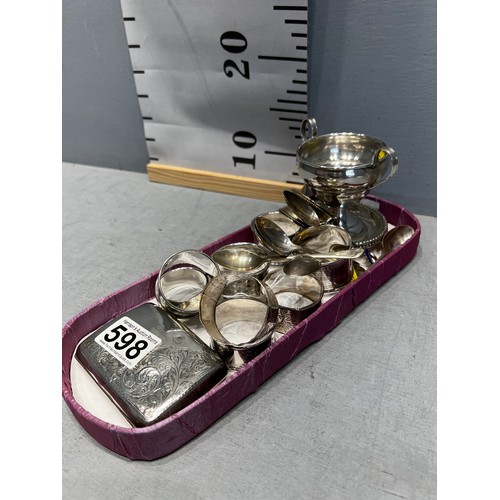 598 - Quantity silver items napkin rings, cigarette case, 2 handled trophy etc 416g