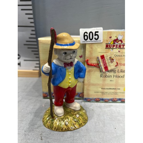 605 - Royal doulton Rupert the bear 'looking like robin hood ' with cert & box