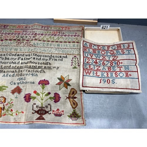 621 - 2 Victorian samplers 1868, 1905, Hannah barraclough aged 10 cowthorne 1868