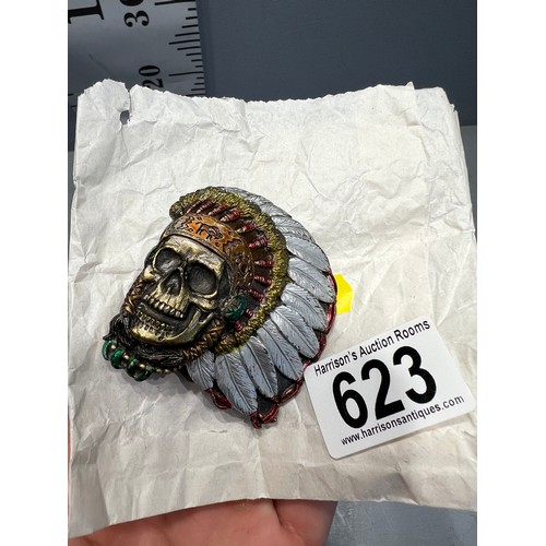 623 - Heavy brass Indian skull belt buckle