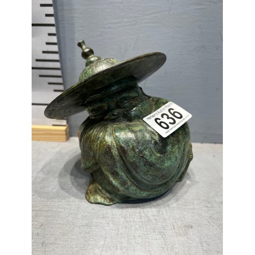 636 - Bronze Buddha figure head with hat