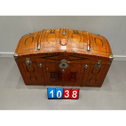 1038 - Vintage leather trunk dome top with state room label leather A/F