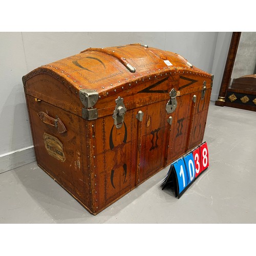 1038 - Vintage leather trunk dome top with state room label leather A/F