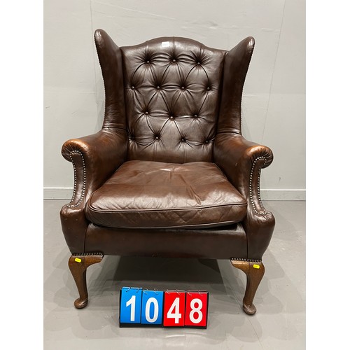 1048 - Large antique leather chesterfield empire larger size wing back chair