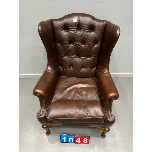 1048 - Large antique leather chesterfield empire larger size wing back chair