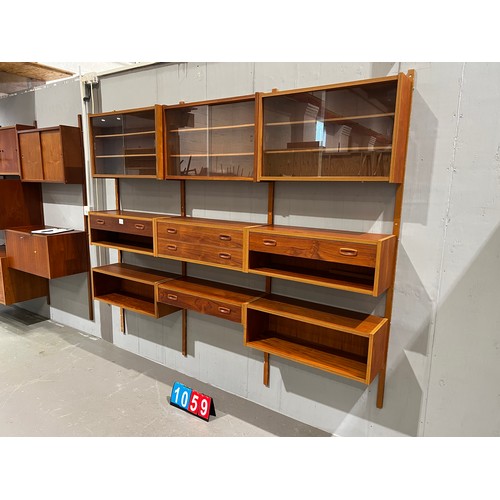 1059 - 3 bays of danish Peter Sorensen system including 3 glass cabinets, 5 drawers + floating shelves