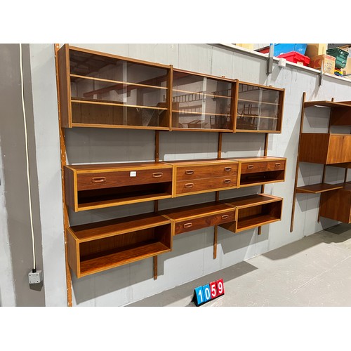 1059 - 3 bays of danish Peter Sorensen system including 3 glass cabinets, 5 drawers + floating shelves