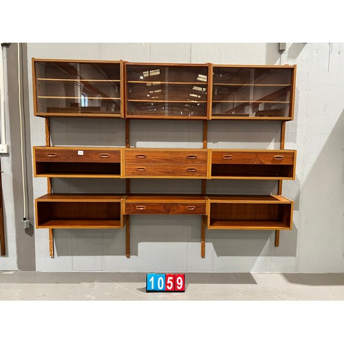 1059 - 3 bays of danish Peter Sorensen system including 3 glass cabinets, 5 drawers + floating shelves