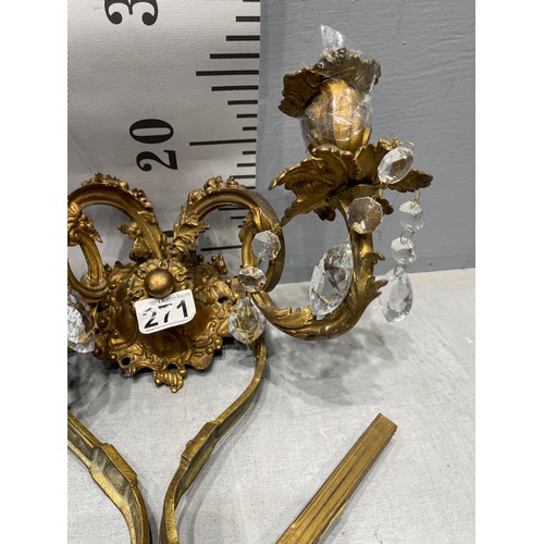 271 - French gilt wall sconce with crystal drop lets + pair french gilt curtain brackets