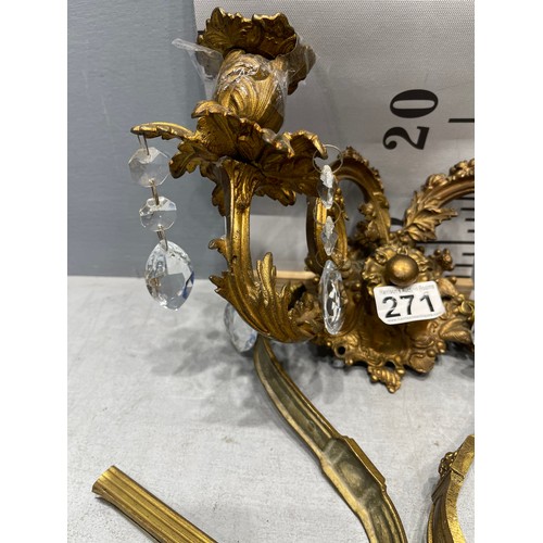 271 - French gilt wall sconce with crystal drop lets + pair french gilt curtain brackets