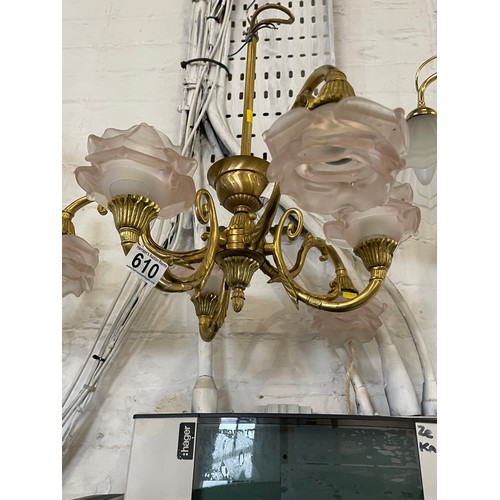 610 - French gilt 6 branch chandelier with glass shades