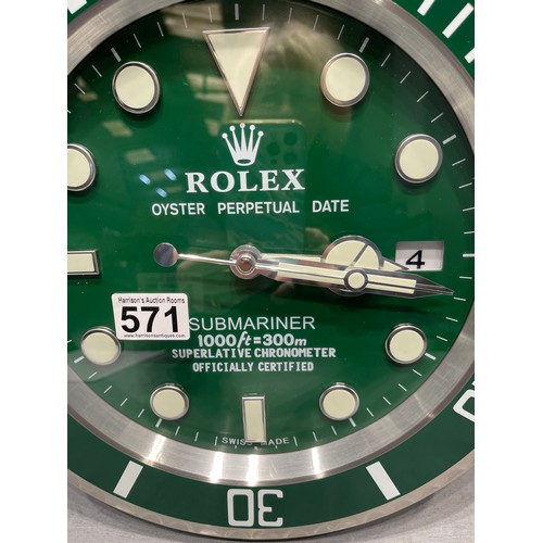 571 - Rolex dealer wall clock. Green oyster perpetual